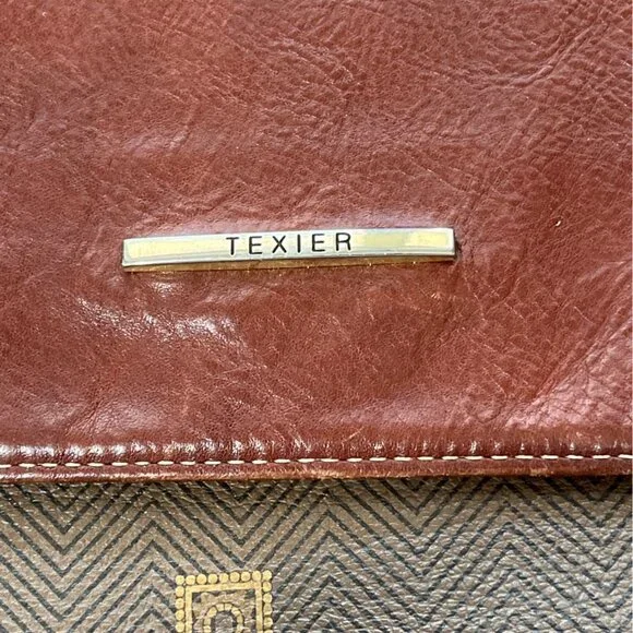 Texier Brown Leather & Green Coated Canvas Shoulder Bag Made in France - Picture 4 of 9